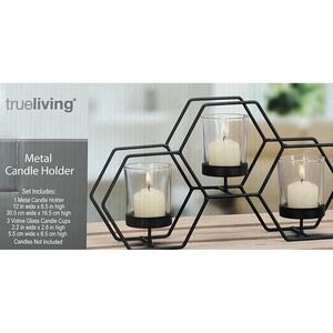 Tru Living Metal Candle Holder, Black 3 Glass Votives, Tabletop, Modern, NEW Hex